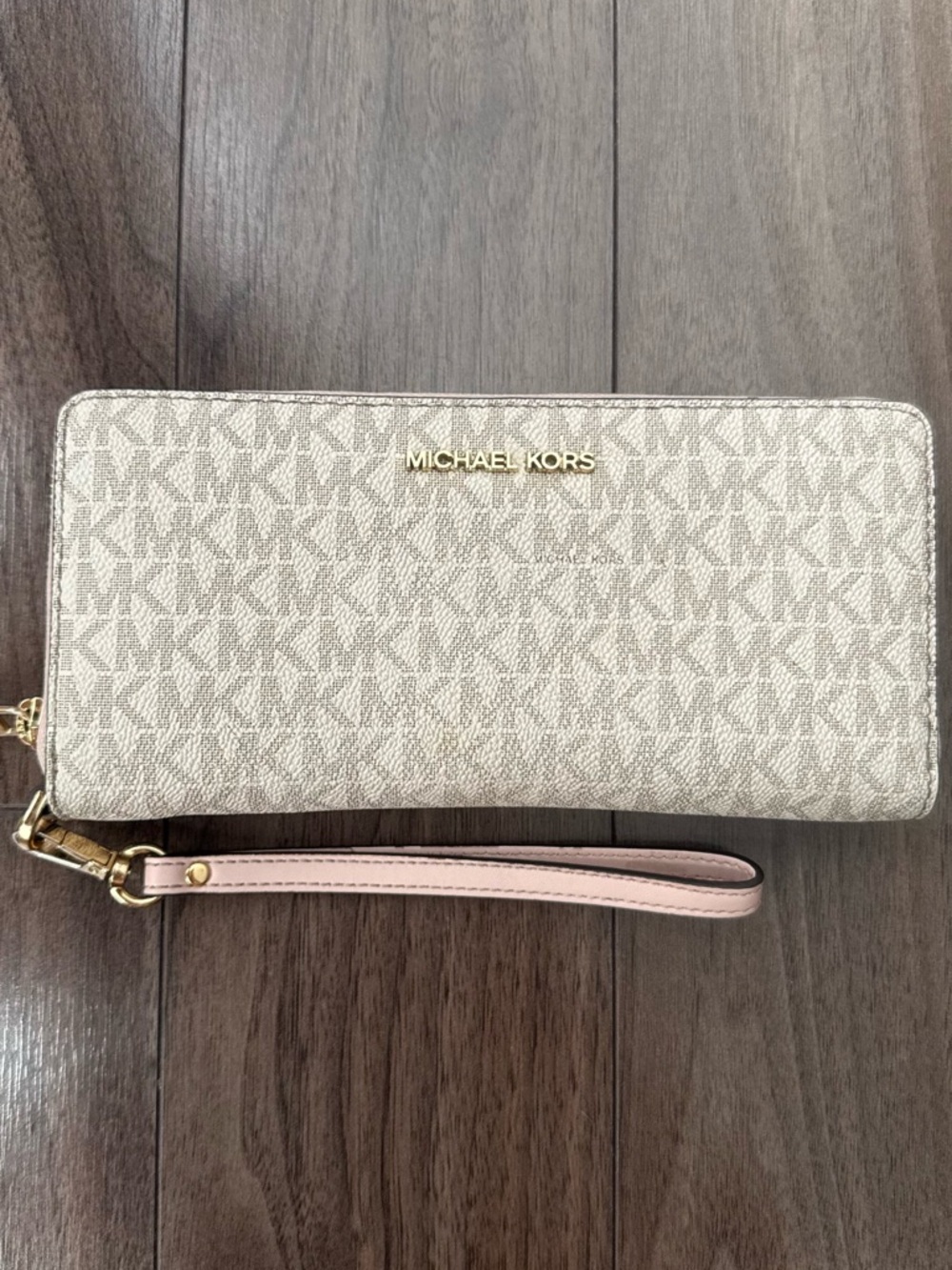 Michael Kors Beige Signature Zip Wristlet with Pale Pink Strap